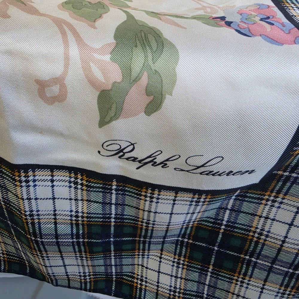 Ralph Lauren Silk Square Scarf Floral Plaid Tartan whimsical old school - Picture 6 of 7